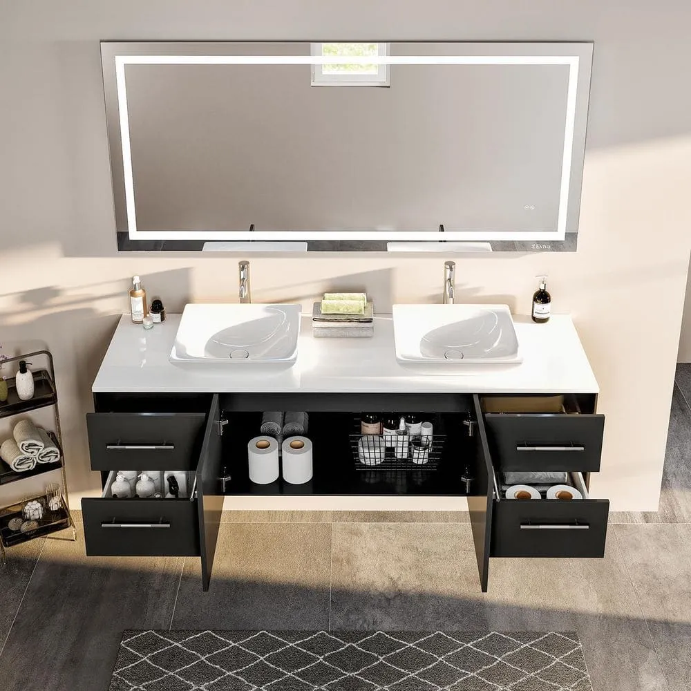 Eviva Totti Wave 60 in. W x 16 in. D x 22 in. H Floating Double Bathroom Vanity in Espresso with White Glassos Top and White Vessel Sinks, photo 4 of 8