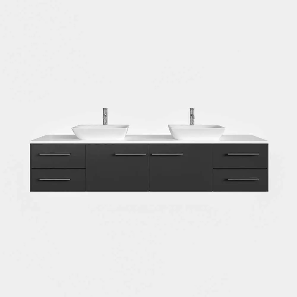 Eviva Totti Wave 60 in. W x 16 in. D x 22 in. H Floating Double Bathroom Vanity in Espresso with White Glassos Top and White Vessel Sinks, photo 2 of 8