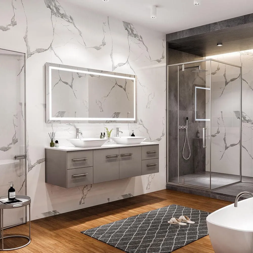 Eviva Totti Wave 60 in. W x 16 in. D x 22 in. H Double Bathroom Vanity in Gray with White Glassos Top and White Vessel Sinks, photo 5 of 8
