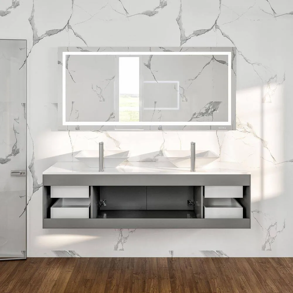 Eviva Totti Wave 60 in. W x 16 in. D x 22 in. H Double Bathroom Vanity in Gray with White Glassos Top and White Vessel Sinks, photo 8 of 8