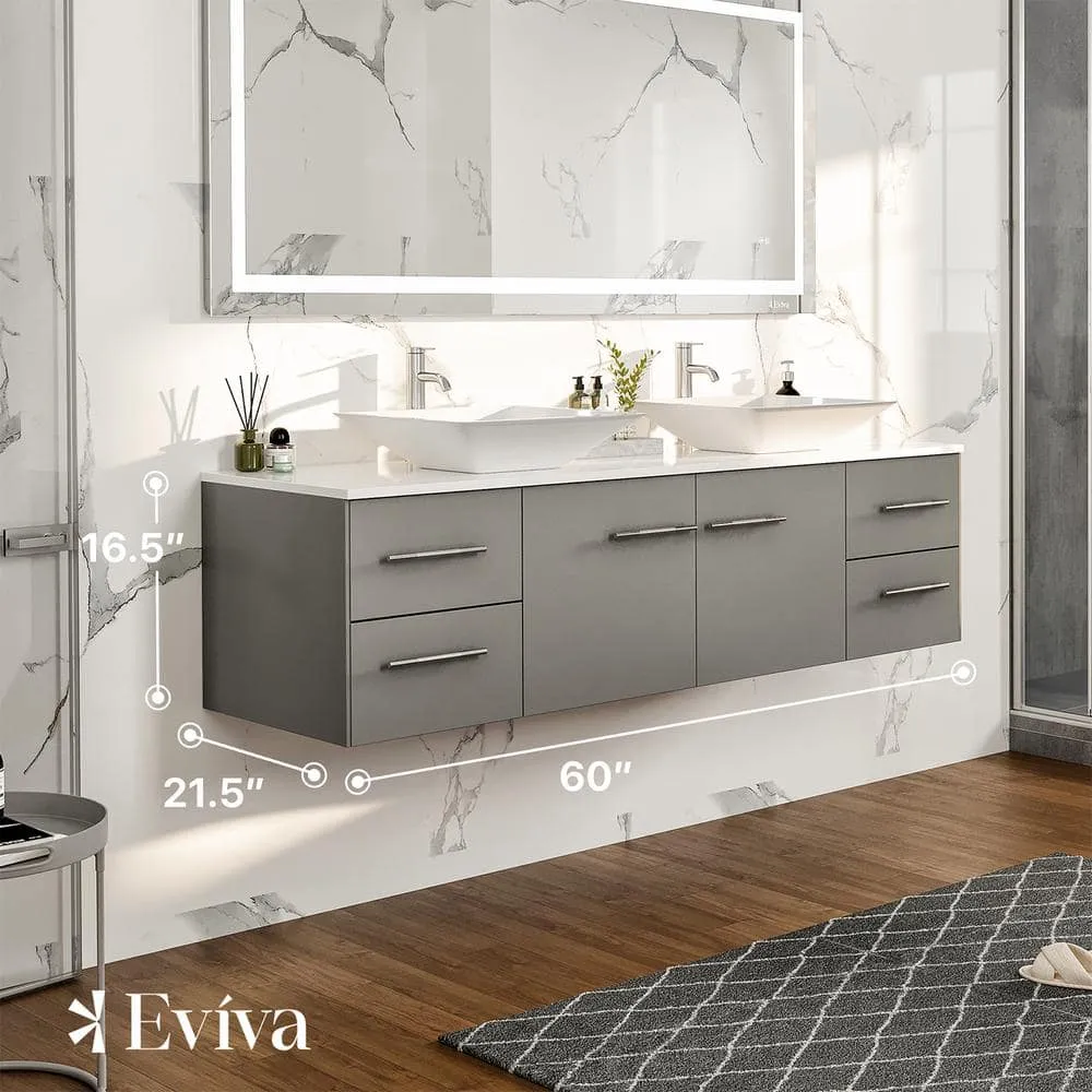 Eviva Totti Wave 60 in. W x 16 in. D x 22 in. H Double Bathroom Vanity in Gray with White Glassos Top and White Vessel Sinks, photo 3 of 8