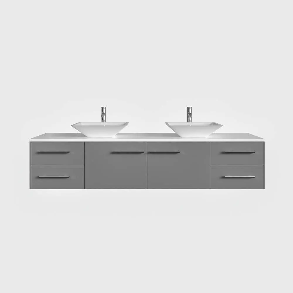 Eviva Totti Wave 60 in. W x 16 in. D x 22 in. H Double Bathroom Vanity in Gray with White Glassos Top and White Vessel Sinks, photo 2 of 8