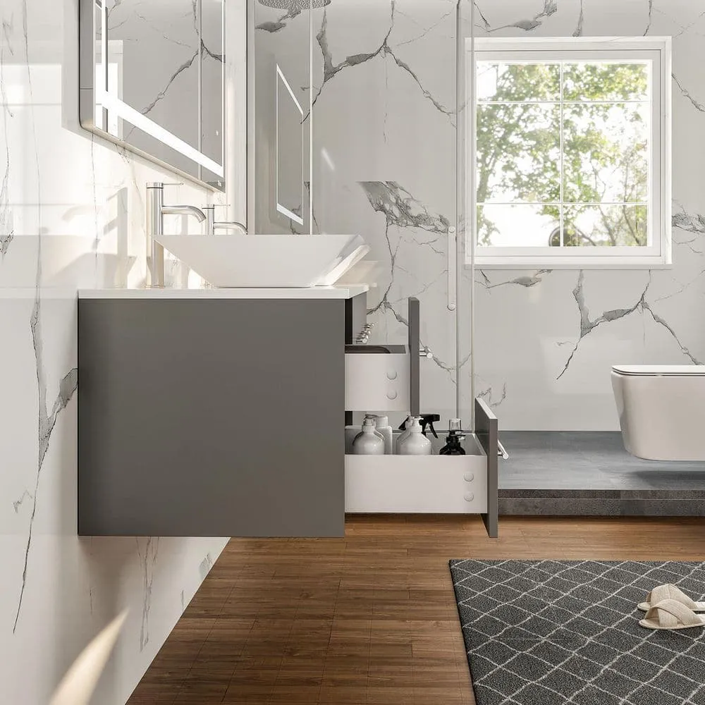 Eviva Totti Wave 60 in. W x 16 in. D x 22 in. H Double Bathroom Vanity in Gray with White Glassos Top and White Vessel Sinks, photo 7 of 8