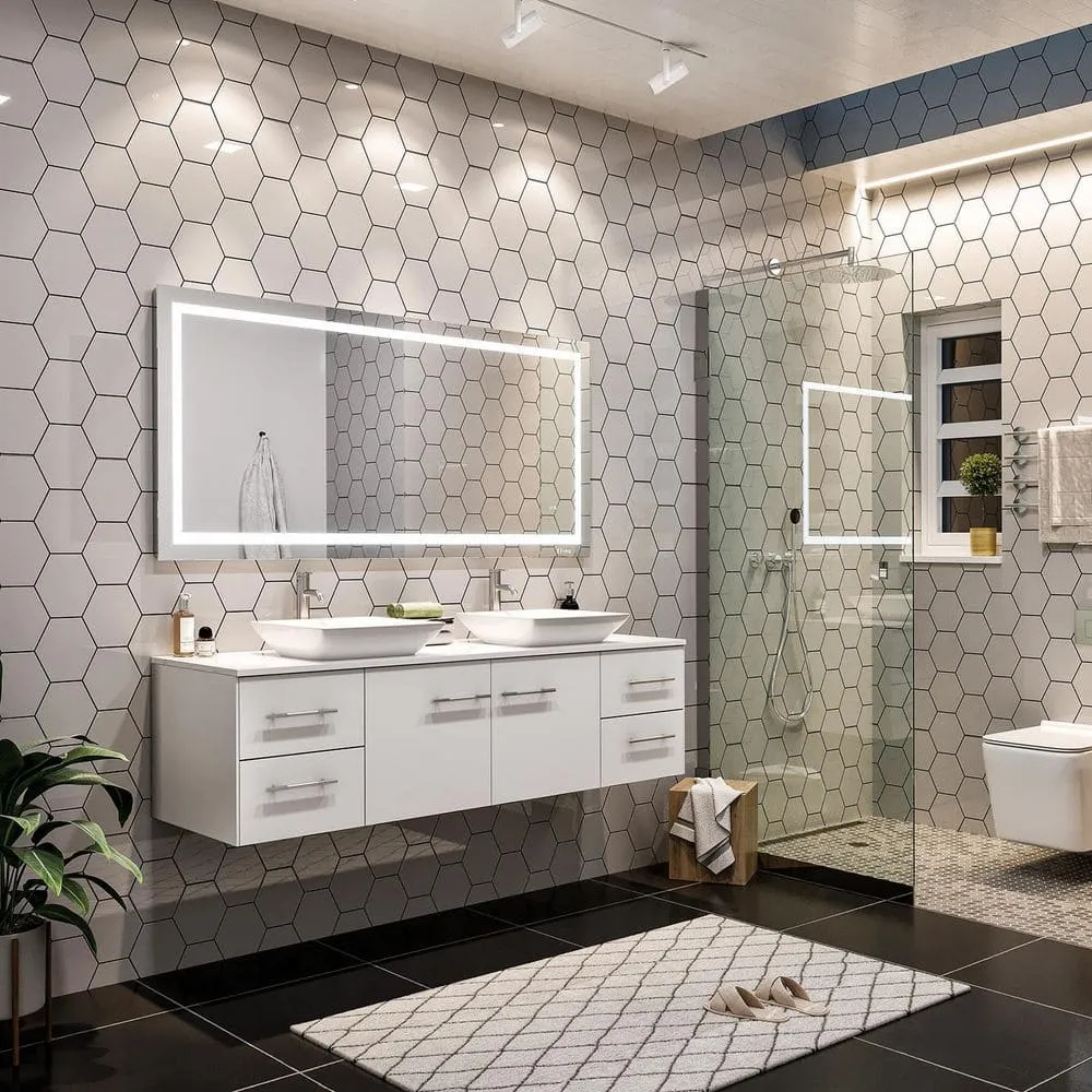 Eviva Totti Wave 60 in. Double Sink Floating Bathroom Vanity in White with White Glassos Top and White Vessel Sinks, photo 5 of 8