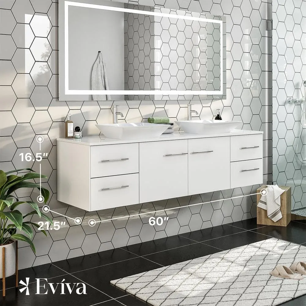 Eviva Totti Wave 60 in. Double Sink Floating Bathroom Vanity in White with White Glassos Top and White Vessel Sinks, photo 3 of 8