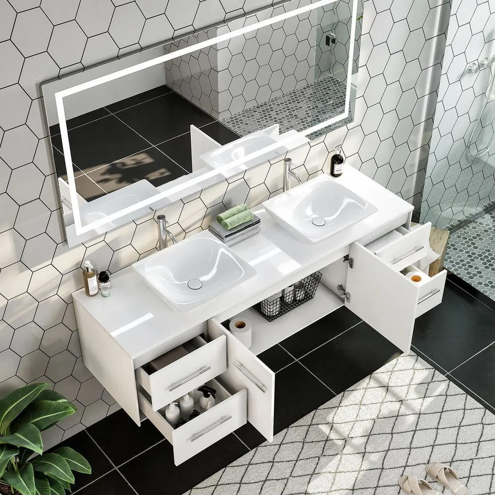 Eviva Totti Wave 60 in. Double Sink Floating Bathroom Vanity in White with White Glassos Top and White Vessel Sinks, photo 6 of 8