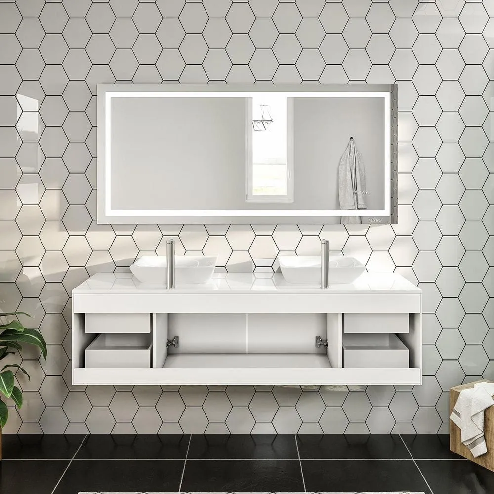 Eviva Totti Wave 60 in. Double Sink Floating Bathroom Vanity in White with White Glassos Top and White Vessel Sinks, photo 8 of 8