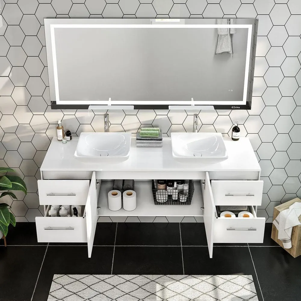 Eviva Totti Wave 60 in. Double Sink Floating Bathroom Vanity in White with White Glassos Top and White Vessel Sinks, photo 4 of 8