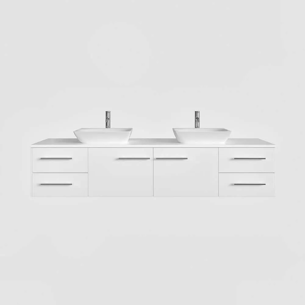 Eviva Totti Wave 60 in. Double Sink Floating Bathroom Vanity in White with White Glassos Top and White Vessel Sinks, photo 2 of 8