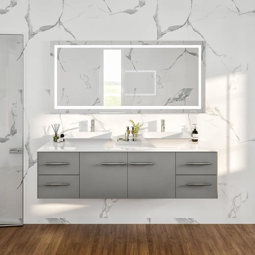 Eviva Totti Wave 72 in. W x 22 in. D x 21.5 in. H Floating Double Bathroom Vanity, Gray, White Glassos Top, White Vessel Sinks, photo 8 of 8