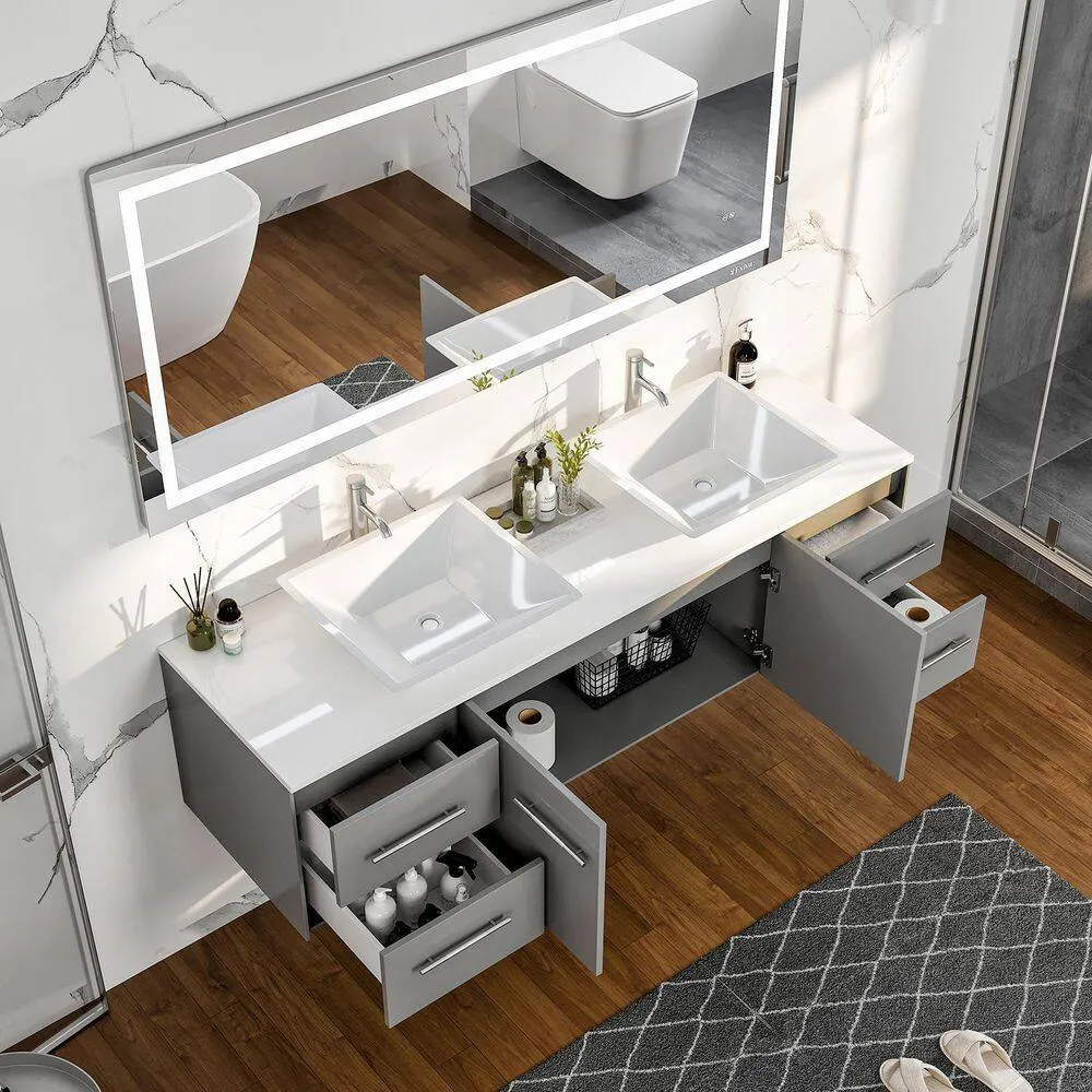 Eviva Totti Wave 72 in. W x 22 in. D x 21.5 in. H Floating Double Bathroom Vanity, Gray, White Glassos Top, White Vessel Sinks, photo 6 of 8