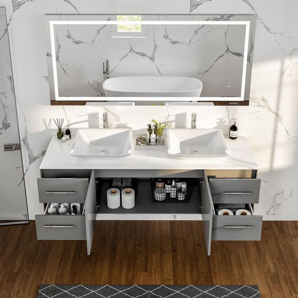 Eviva Totti Wave 72 in. W x 22 in. D x 21.5 in. H Floating Double Bathroom Vanity, Gray, White Glassos Top, White Vessel Sinks, photo 4 of 8