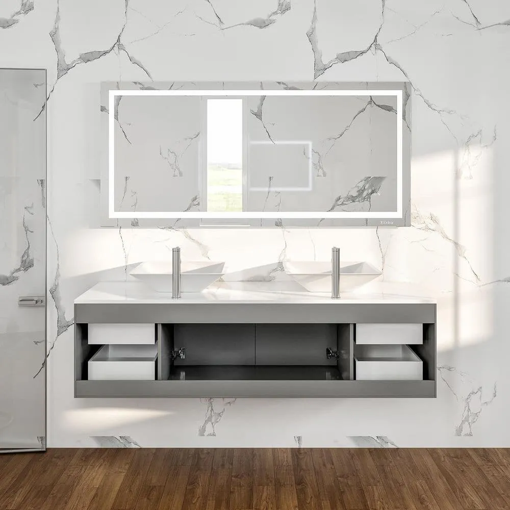 Eviva Totti Wave 72 in. W x 22 in. D x 21.5 in. H Floating Double Bathroom Vanity, Gray, White Glassos Top, White Vessel Sinks, photo 7 of 8