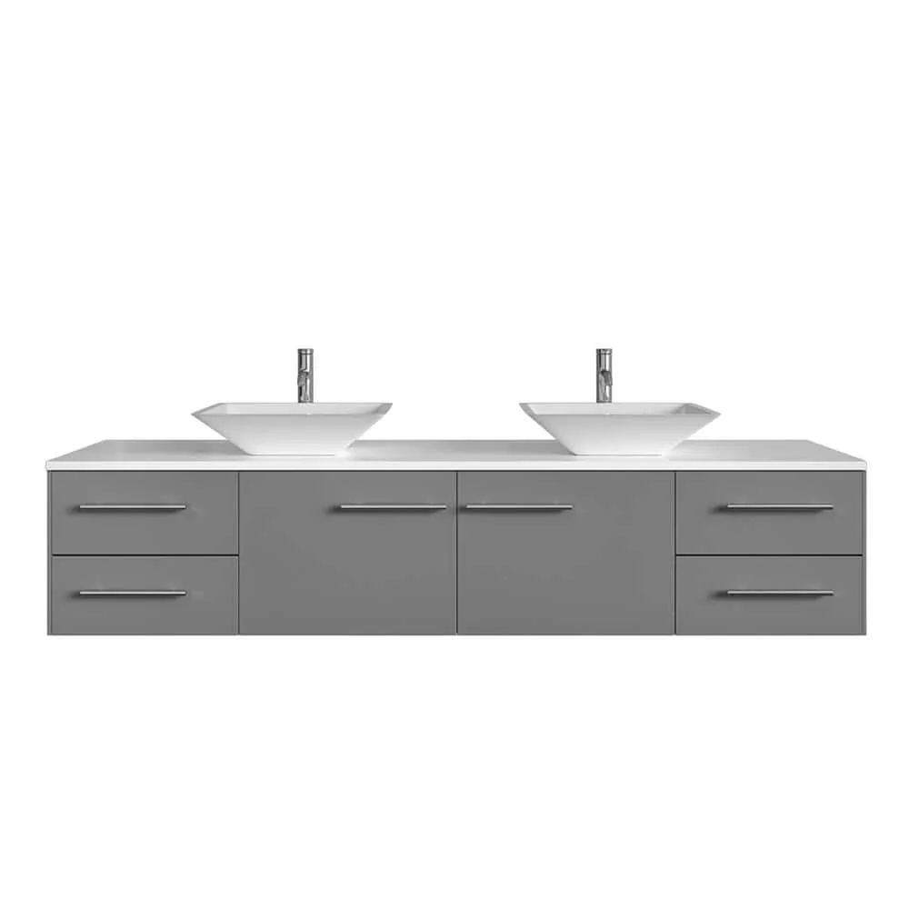 Eviva Totti Wave 72 in. W x 22 in. D x 21.5 in. H Floating Double Bathroom Vanity, Gray, White Glassos Top, White Vessel Sinks, photo 2 of 8