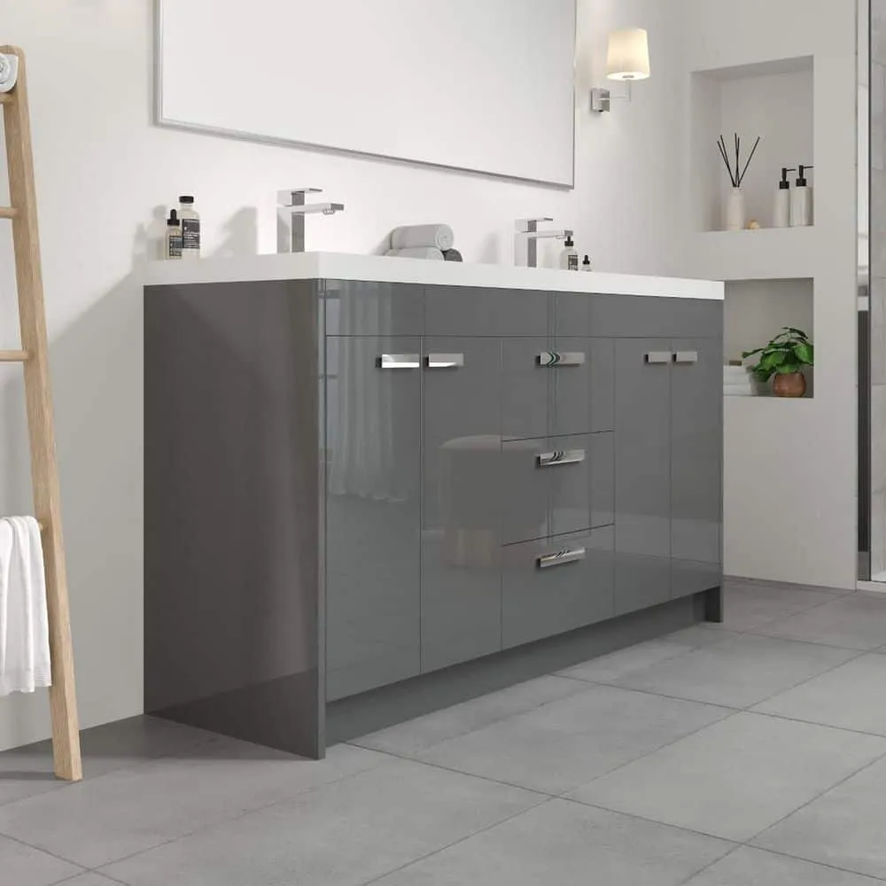 Eviva Lugano 60 in. W x 19 in. D x 36 in. H Double Bath Vanity in Gray with White Acrylic Top and Integrated Sinks, photo 5 of 8