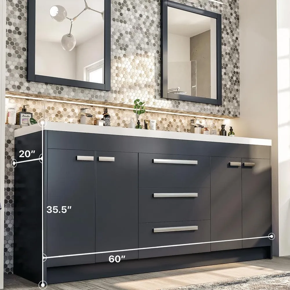Eviva Lugano 60 in. W x 19 in. D x 36 in. H Double Bath Vanity in Gray with White Acrylic Top and Integrated Sinks, photo 3 of 8