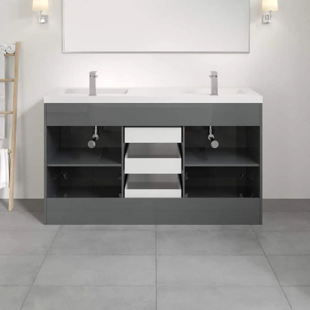 Eviva Lugano 60 in. W x 19 in. D x 36 in. H Double Bath Vanity in Gray with White Acrylic Top and Integrated Sinks, photo 6 of 8
