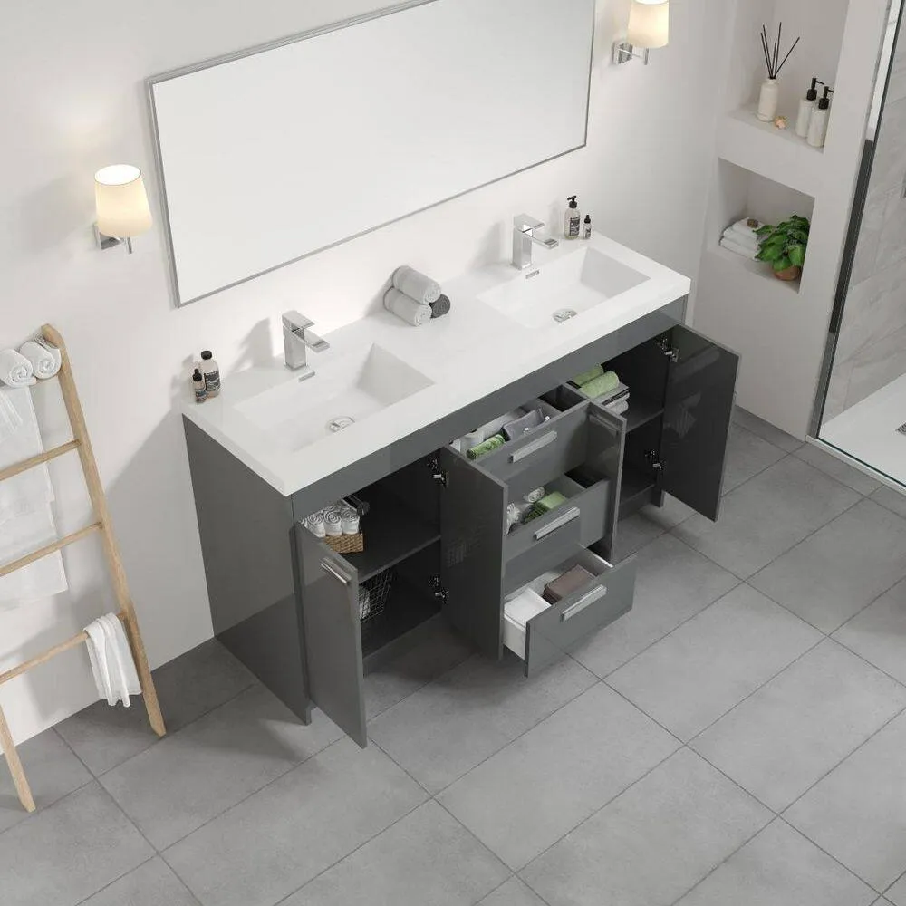 Eviva Lugano 60 in. W x 19 in. D x 36 in. H Double Bath Vanity in Gray with White Acrylic Top and Integrated Sinks, photo 7 of 8