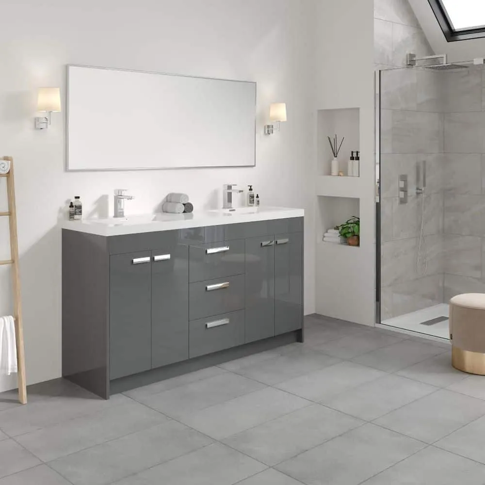 Eviva Lugano 60 in. W x 19 in. D x 36 in. H Double Bath Vanity in Gray with White Acrylic Top and Integrated Sinks, photo 8 of 8