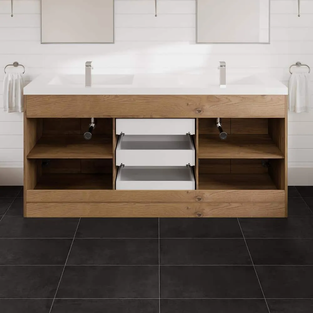 Eviva Lugano 72 in. W x 20 in. D Natural Oak Double Sink Bathroom Vanity with White Acrylic Integrated Top Sink, photo 2 of 3