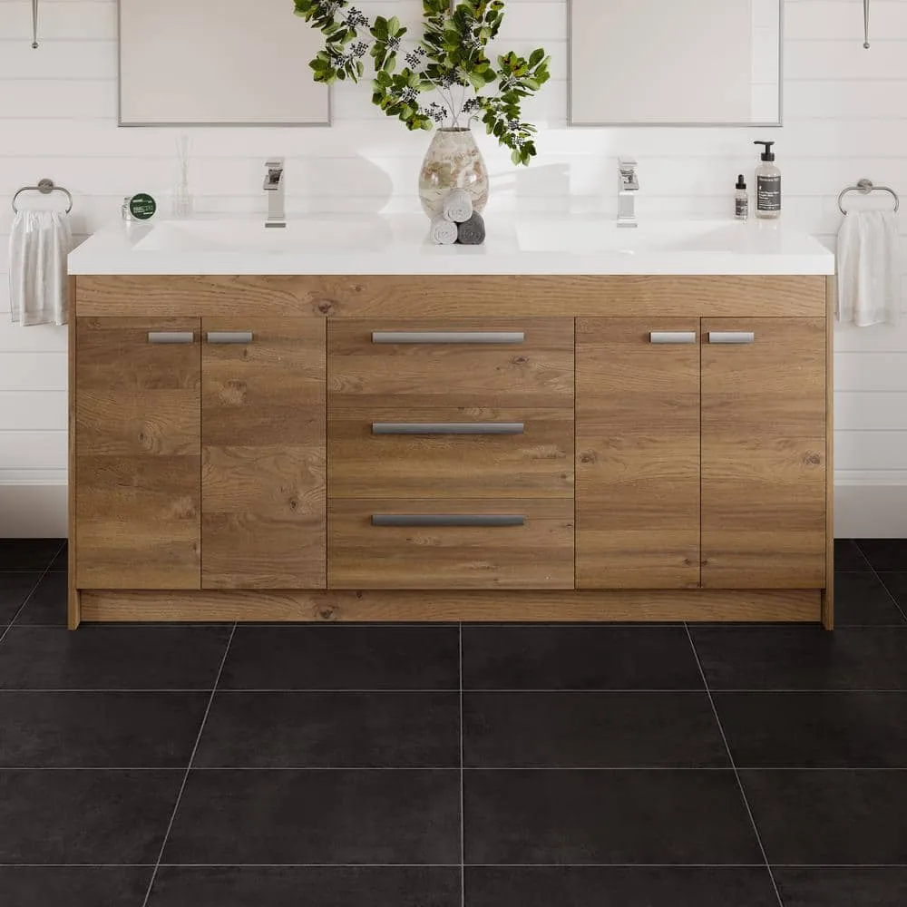 Eviva Lugano 72 in. W x 20 in. D Natural Oak Double Sink Bathroom Vanity with White Acrylic Integrated Top Sink, photo 3 of 3