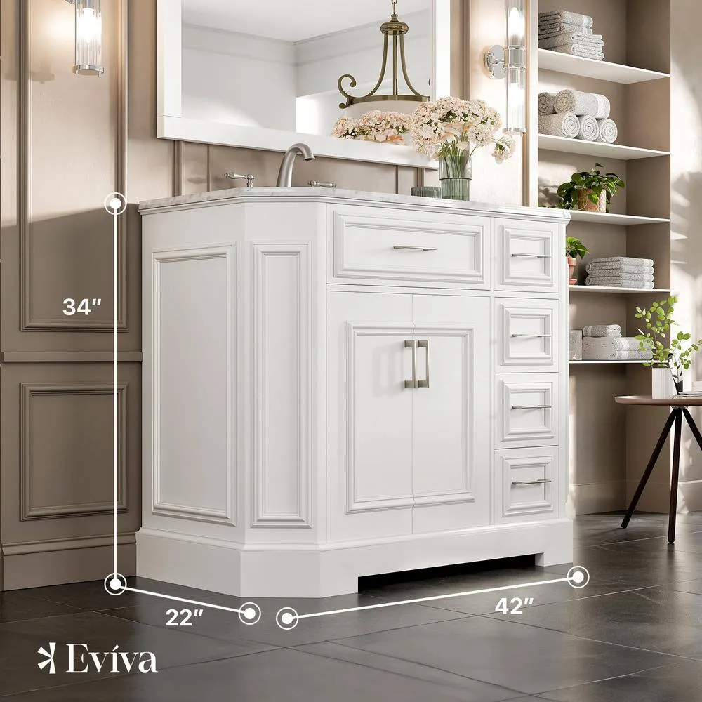 Eviva Glory 42 in. W x 22 in. D x 33 in. H Bathroom Vanity in White with White Cararra Marble Top with White Sink, photo 3 of 3