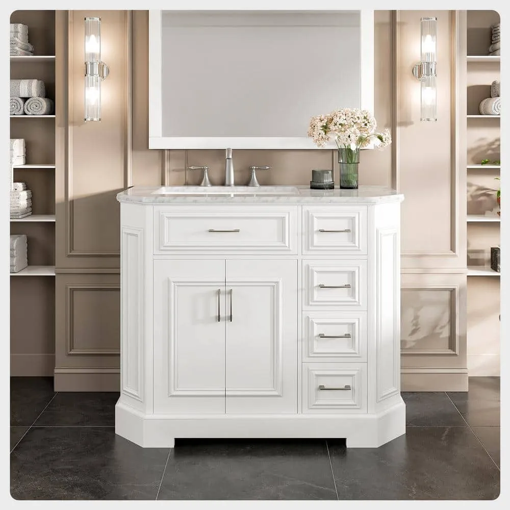 Eviva Glory 42 in. W x 22 in. D x 33 in. H Bathroom Vanity in White with White Cararra Marble Top with White Sink, photo 2 of 3