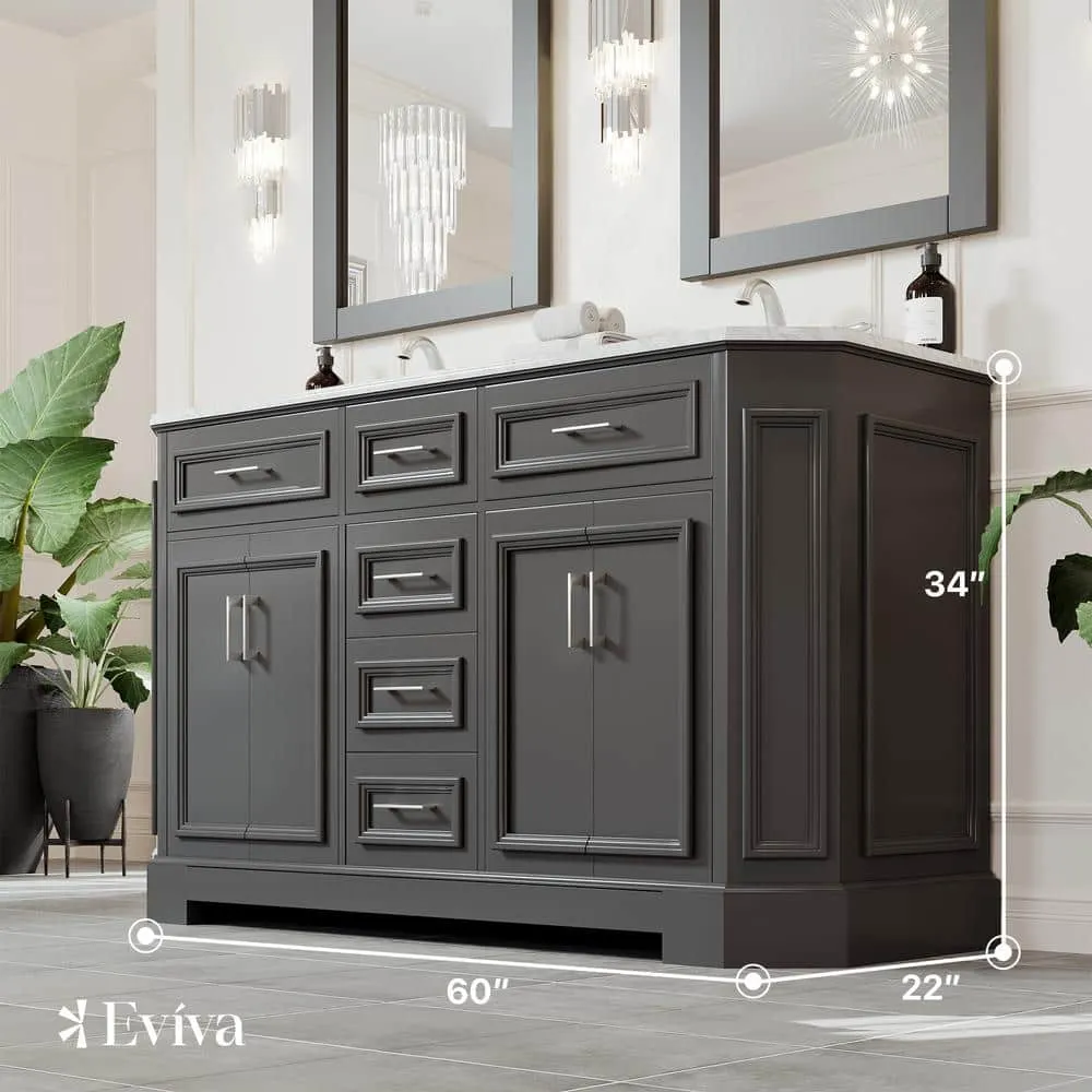 Eviva Glory 60 in W x 22 in. D x 33 in. H Double Bathroom Vanity in Dark Gray with White Carrara Marble Top with White Sinks, photo 3 of 3