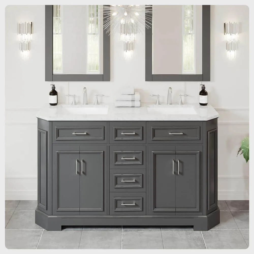 Eviva Glory 60 in W x 22 in. D x 33 in. H Double Bathroom Vanity in Dark Gray with White Carrara Marble Top with White Sinks, photo 2 of 3