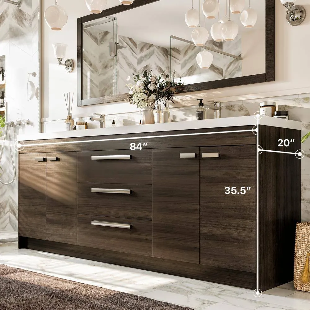 Eviva Lugano 84 in. W x 19 in. D x 36 in. H Double Bath Vanity in Gray Oak with White Acrylic Top with White Sinks, photo 3 of 3