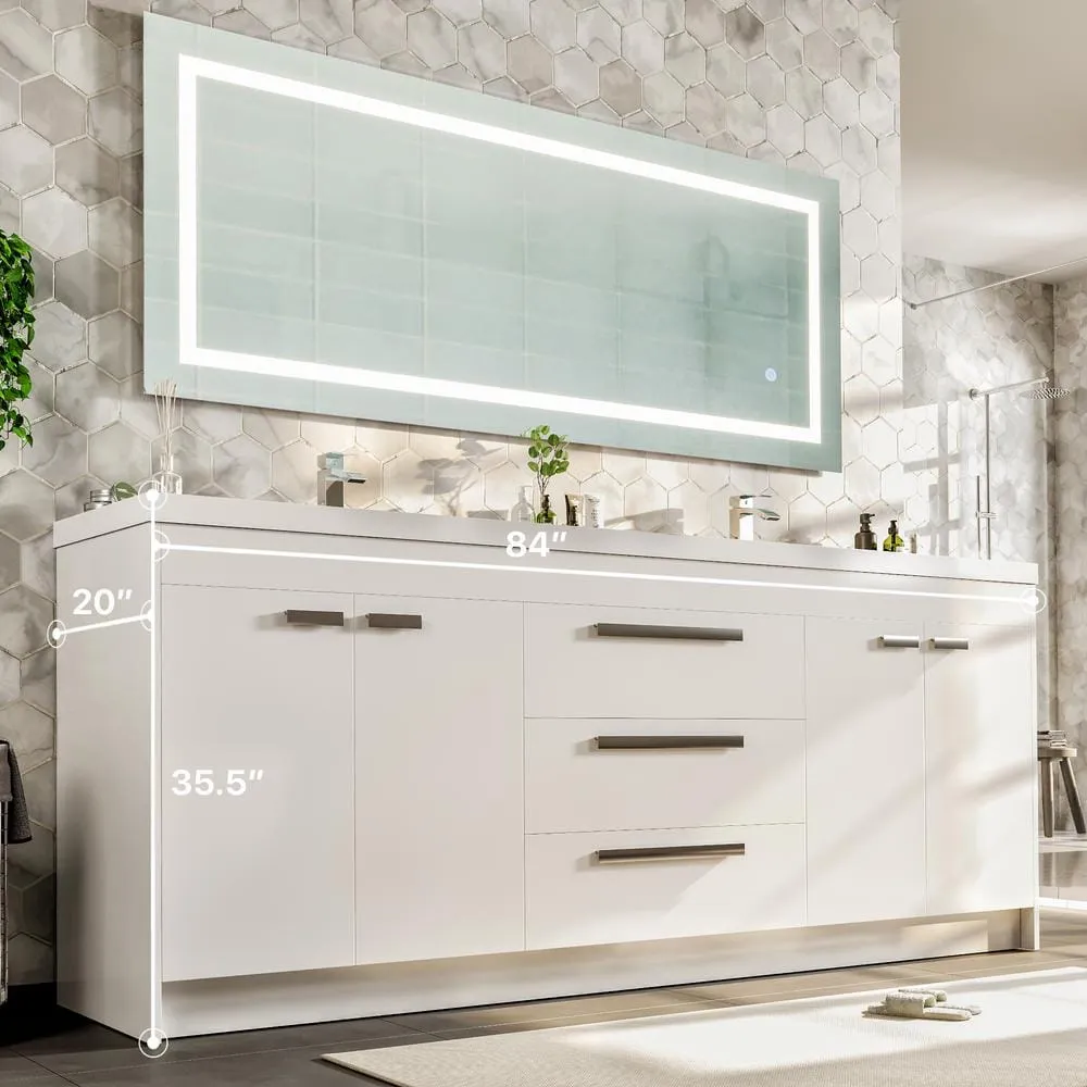 Eviva Lugano 84 in. W x 19 in. D x 36 in. H Double Bath Vanity in White with White Acrylic Top and Integrated Sinks, photo 3 of 8