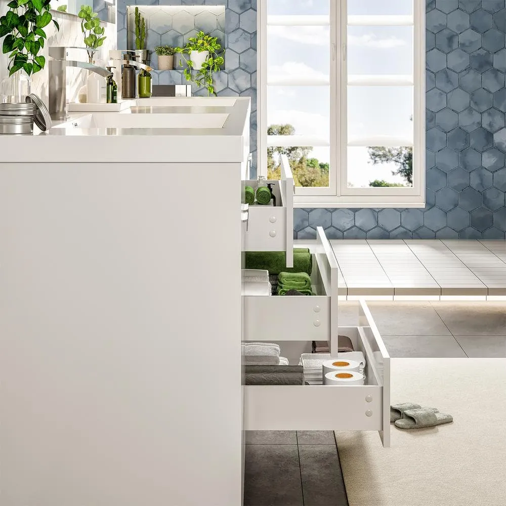 Eviva Lugano 84 in. W x 19 in. D x 36 in. H Double Bath Vanity in White with White Acrylic Top and Integrated Sinks, photo 6 of 8
