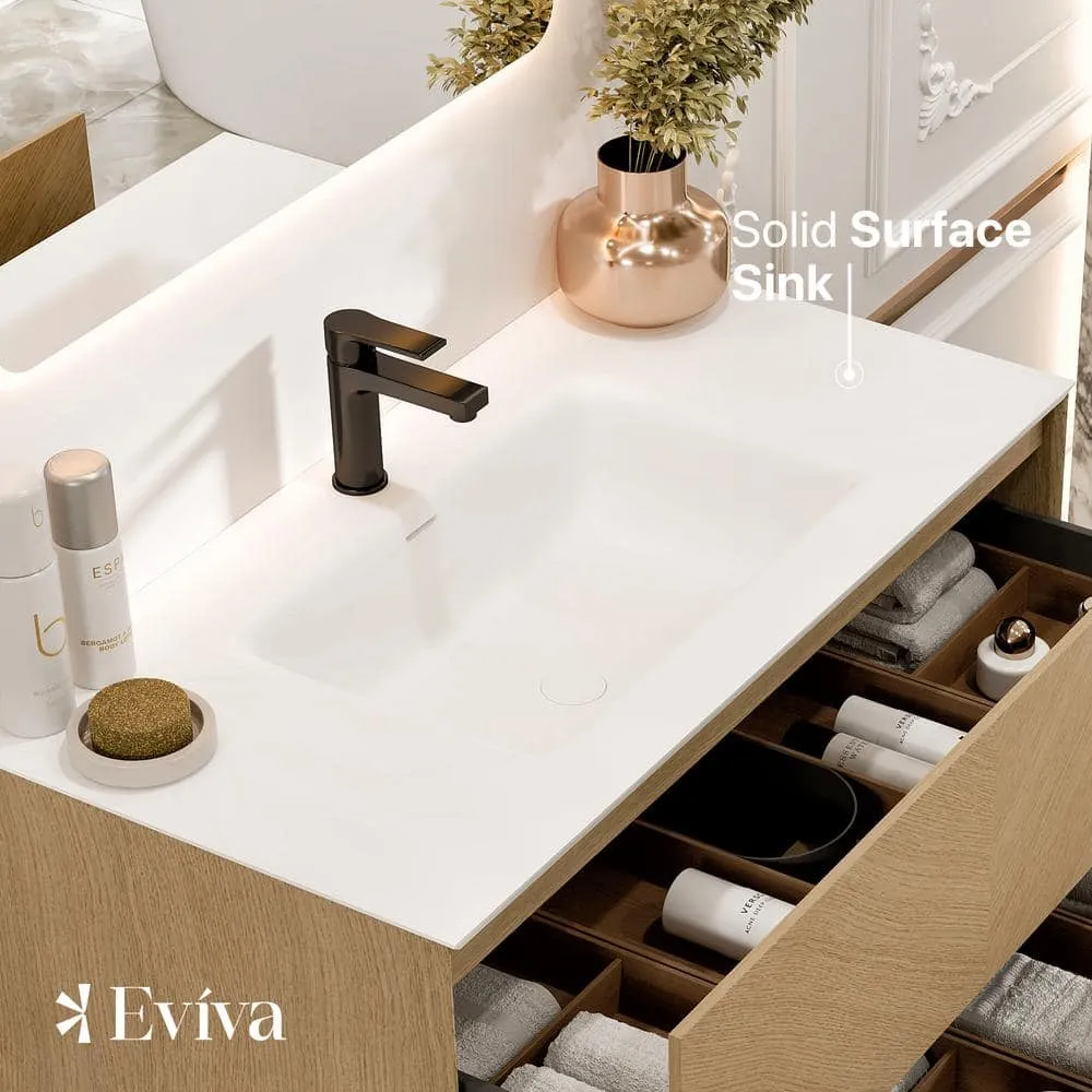 Eviva Lotus 30 in. W. x 22 in. D x 22 in. H Oak Wall Mount Bathroom Vanity with White Solid Surface Integrated Sink Top, photo 3 of 3