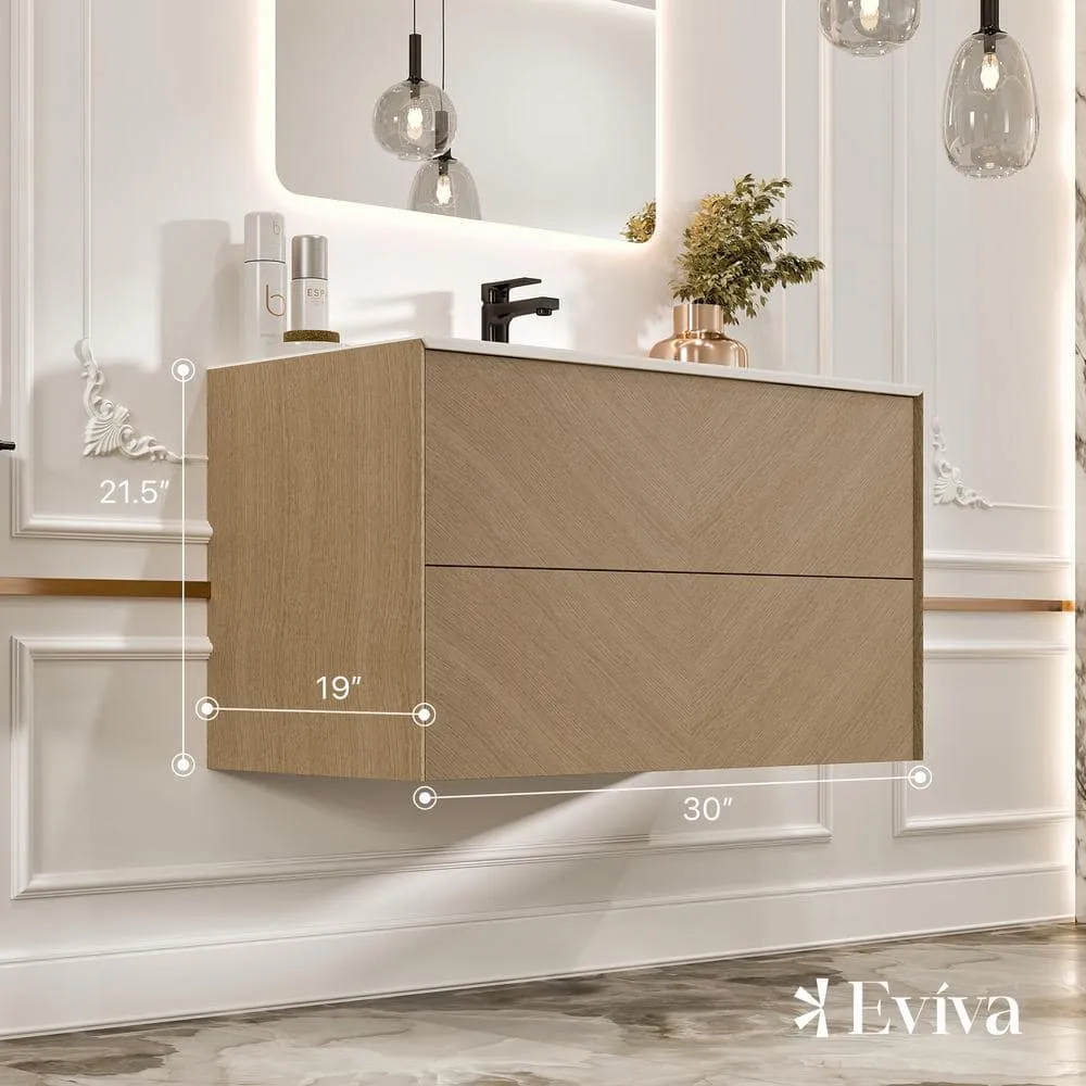 Eviva Lotus 30 in. W. x 22 in. D x 22 in. H Oak Wall Mount Bathroom Vanity with White Solid Surface Integrated Sink Top, photo 2 of 3