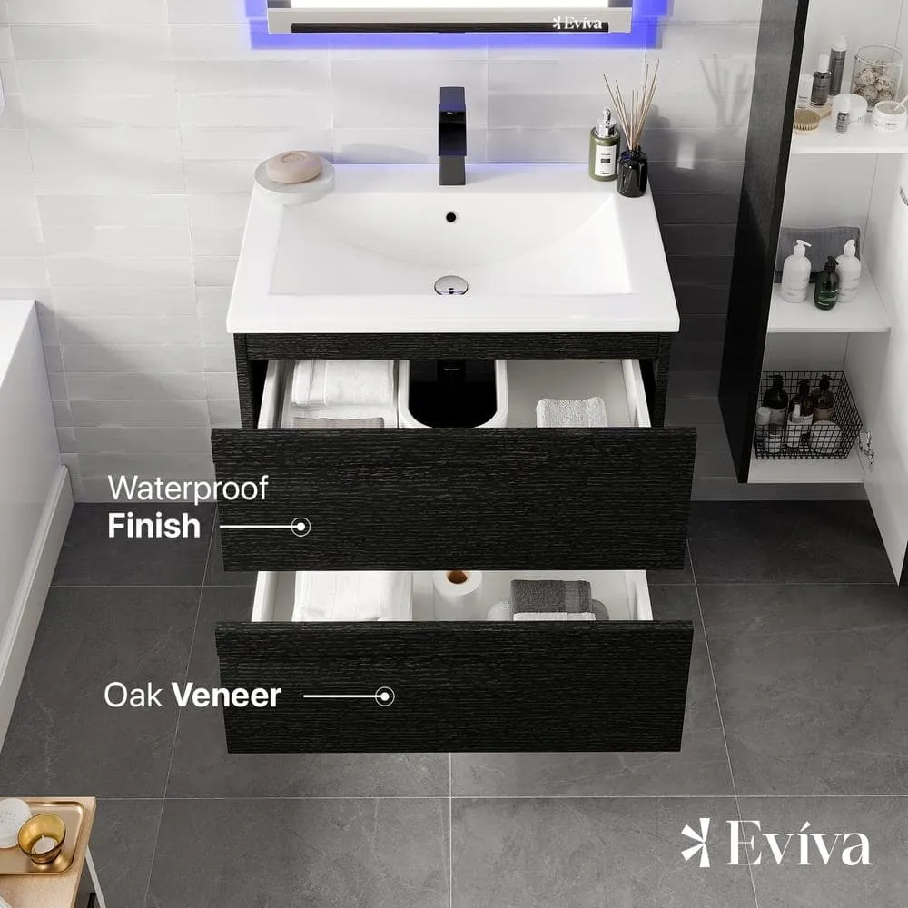 Eviva Joy 28 in. W x 18 in. D x 21 in. H Floating Bathroom Vanity in Black with White Porcelain Top with White Integrated Sink, photo 3 of 3