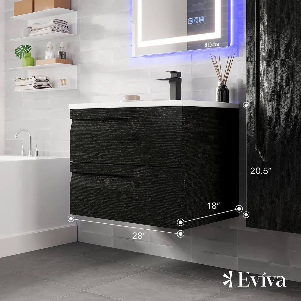 Eviva Joy 28 in. W x 18 in. D x 21 in. H Floating Bathroom Vanity in Black with White Porcelain Top with White Integrated Sink, photo 2 of 3