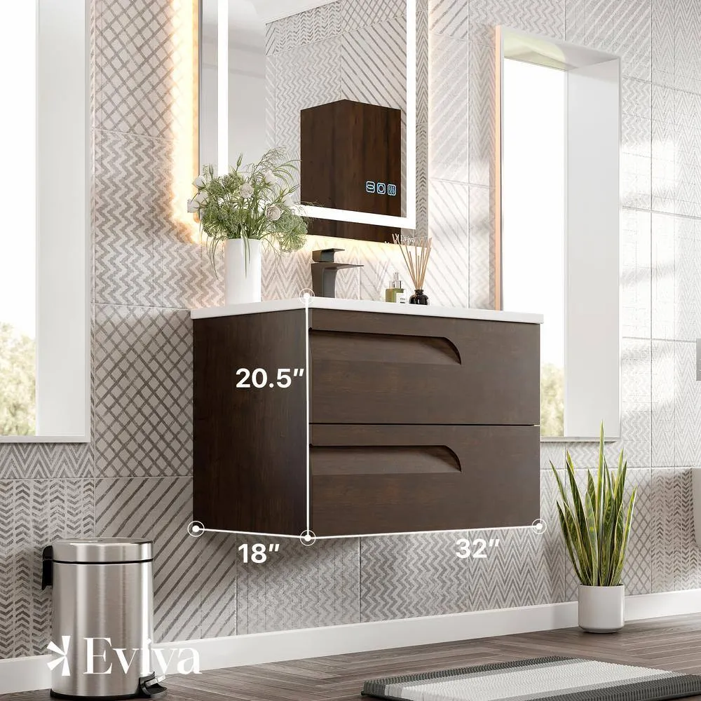 Eviva Joy 32 in. W x 18 in. D x 20.5 in. H Floating Bathroom Vanity in Rosewood with White Porcelain Top and Integrated Sink, photo 3 of 3