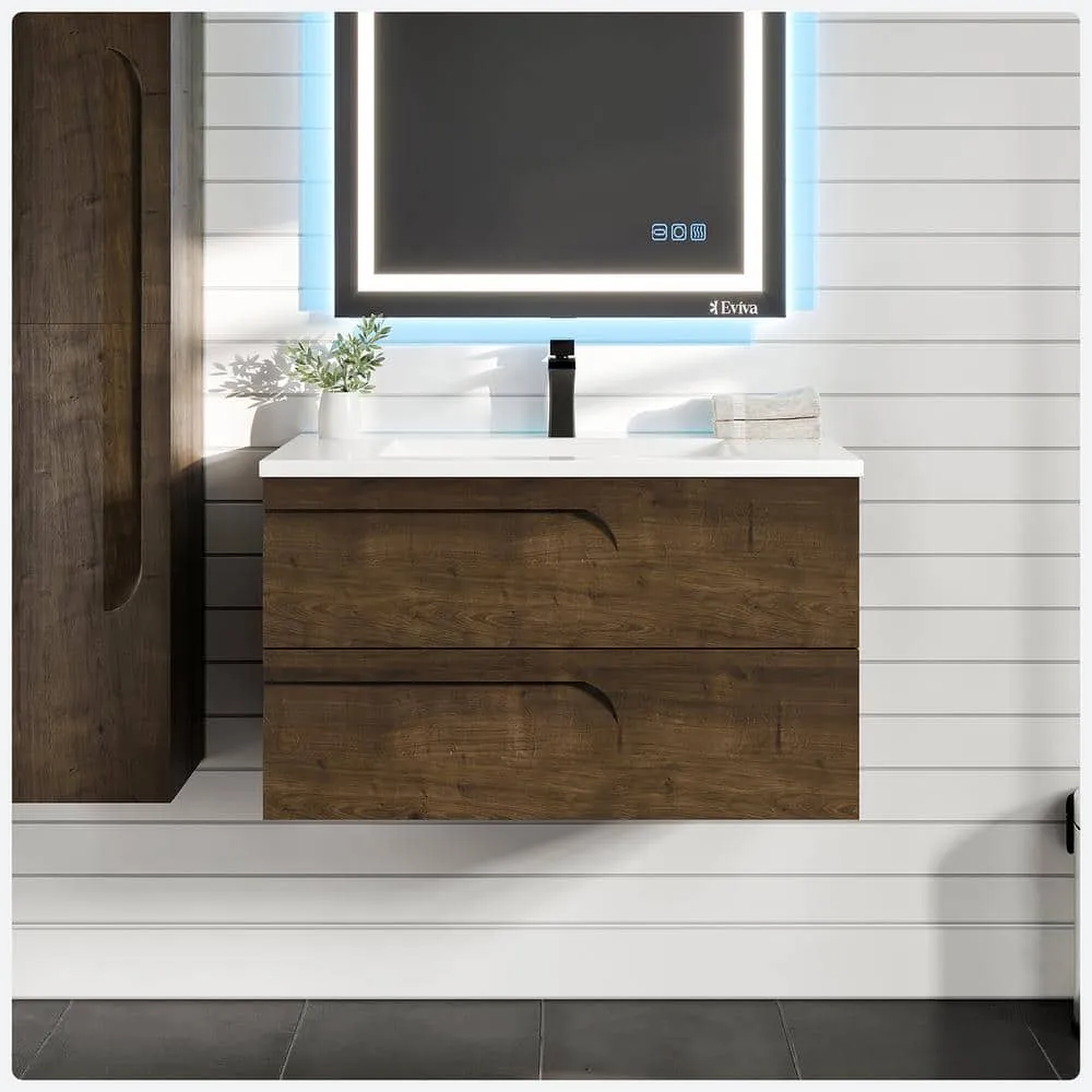 Eviva Joyous 36 in. W x 18 in. D x 22.5 in. H Floating Bath Vanity in Rosewood with White Porcelain Top, photo 2 of 3