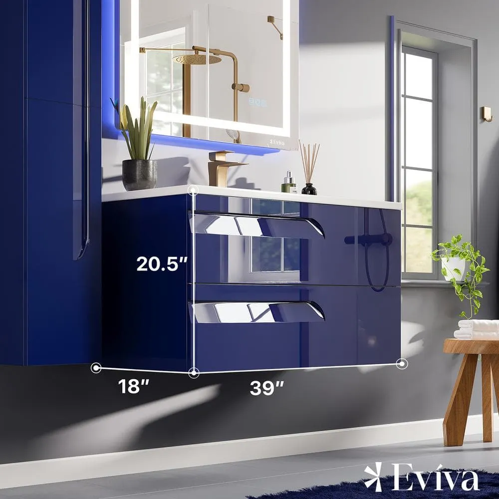 Eviva Joyous 39 in. W x 18 in. D x 22.5 in. H Floating Single Sink Bath Vanity in Blue with White Porcelain Top, photo 3 of 3