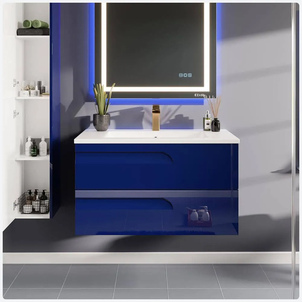Eviva Joyous 39 in. W x 18 in. D x 22.5 in. H Floating Single Sink Bath Vanity in Blue with White Porcelain Top, photo 2 of 3