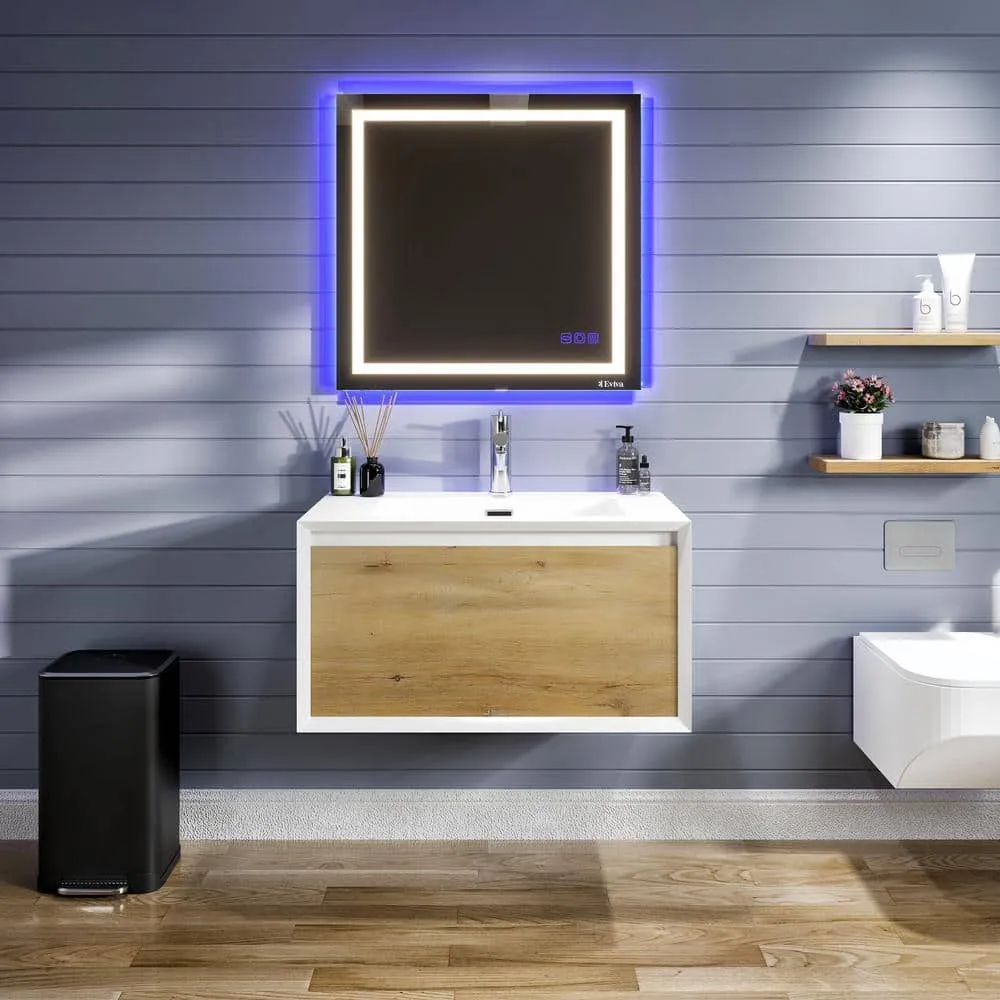 Eviva Venice 36 in. W. x 21 in. D x 22 in. H Wall Mount Bathroom Vanity in Oak and White White Acrylic Integrated Sink Top, photo 3 of 3
