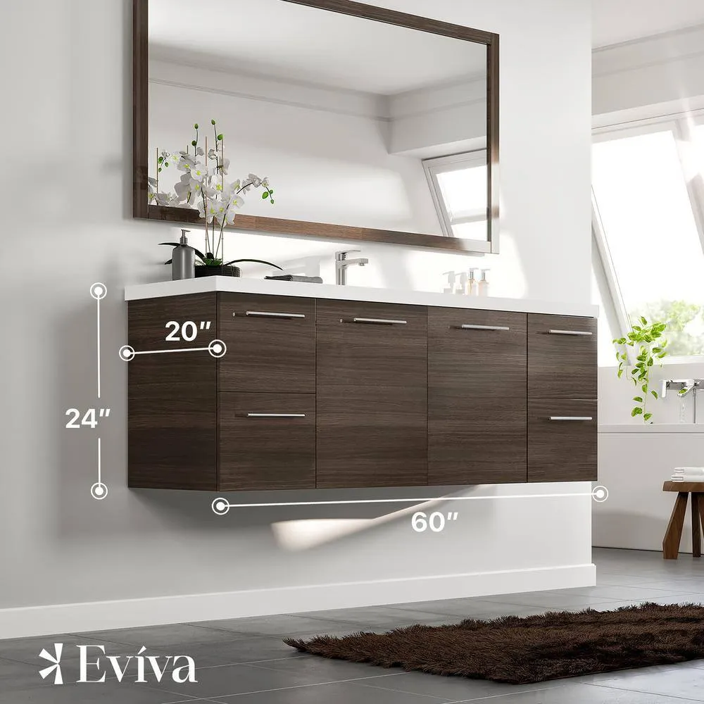 Eviva Luxurious 60 in. W x 22 in. D x 26 in. H Floating Bath Vanity in Gray Oak with White Tempered Glass Top, photo 3 of 3