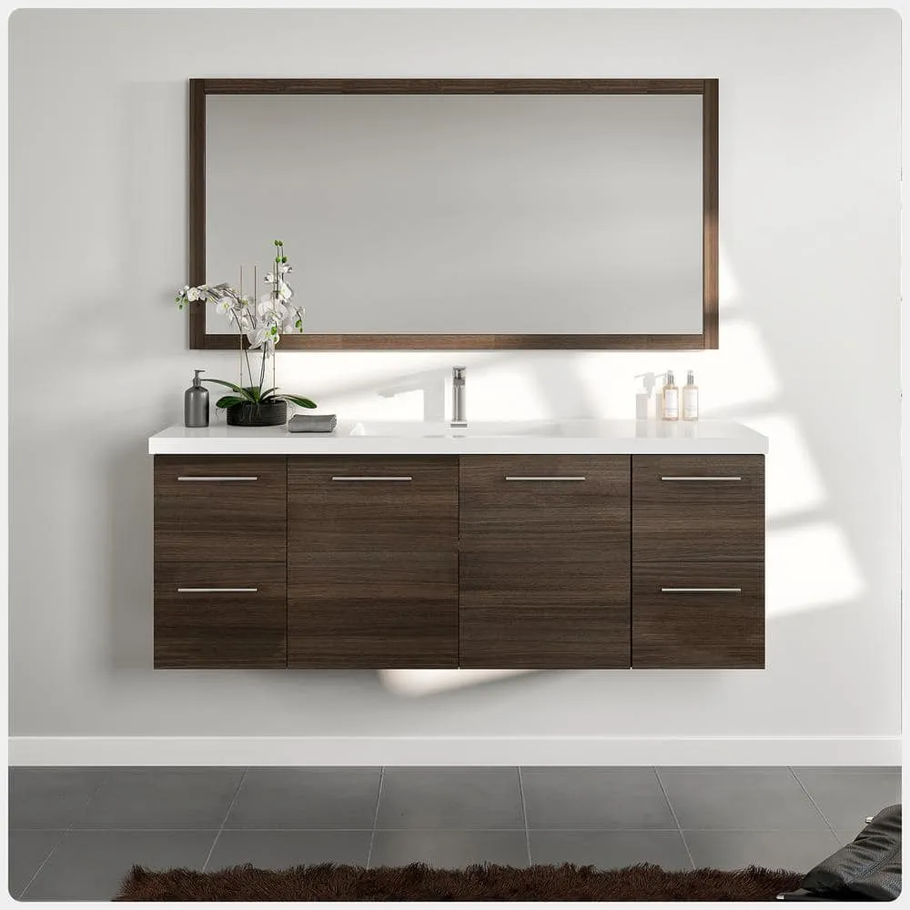 Eviva Luxurious 60 in. W x 22 in. D x 26 in. H Floating Bath Vanity in Gray Oak with White Tempered Glass Top, photo 2 of 3