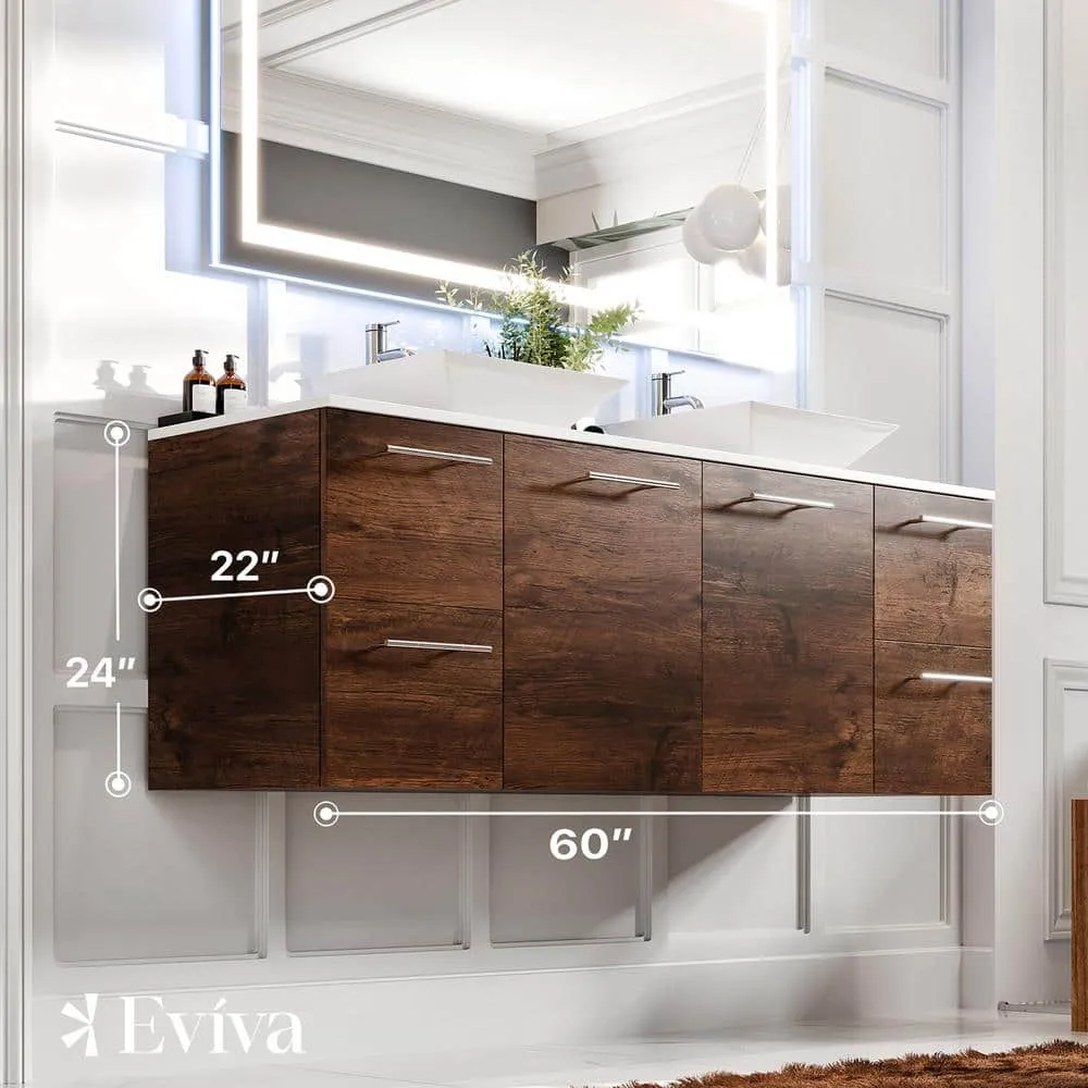 Eviva Luxurious 60 in. W x 22 in. D x 26 in. H Floating Bath Vanity in Rosewood with White Tempered Glass Top, photo 3 of 3