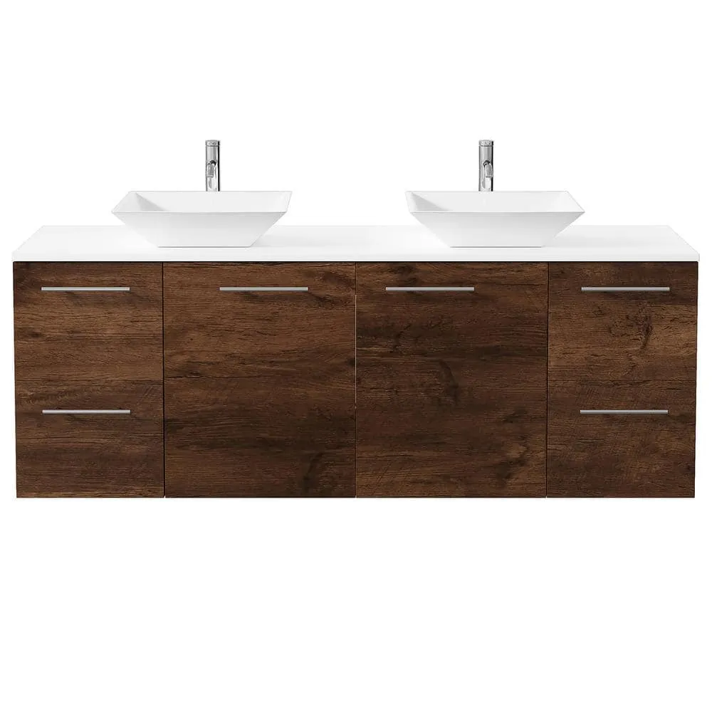 Eviva Luxurious 60 in. W x 22 in. D x 26 in. H Floating Bath Vanity in Rosewood with White Tempered Glass Top, photo 2 of 3