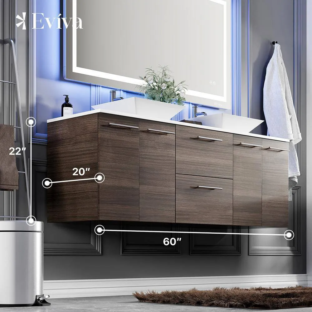 Eviva Lux 60 in. W x 21 in. D x 26 in. H Floating Bath Vanity in Gray Oak with White Tempered Glass Top, photo 3 of 3