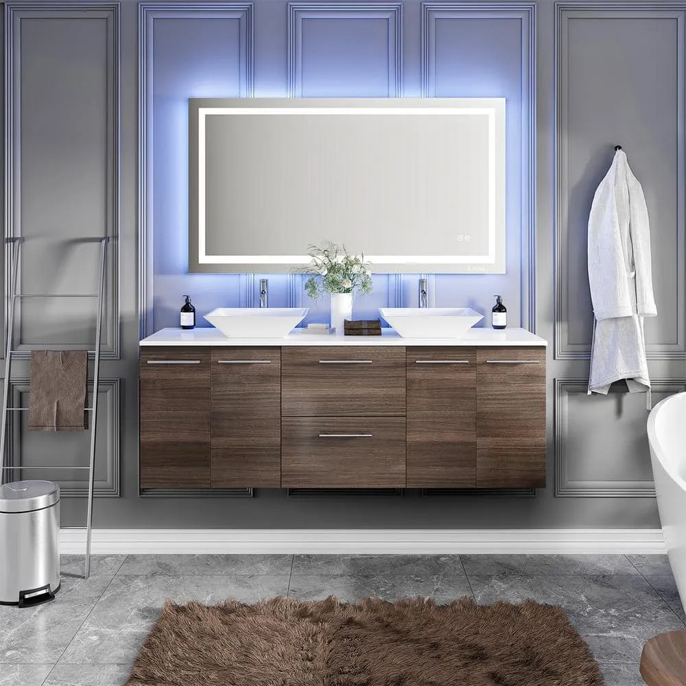 Eviva Lux 60 in. W x 21 in. D x 26 in. H Floating Bath Vanity in Gray Oak with White Tempered Glass Top, photo 2 of 3