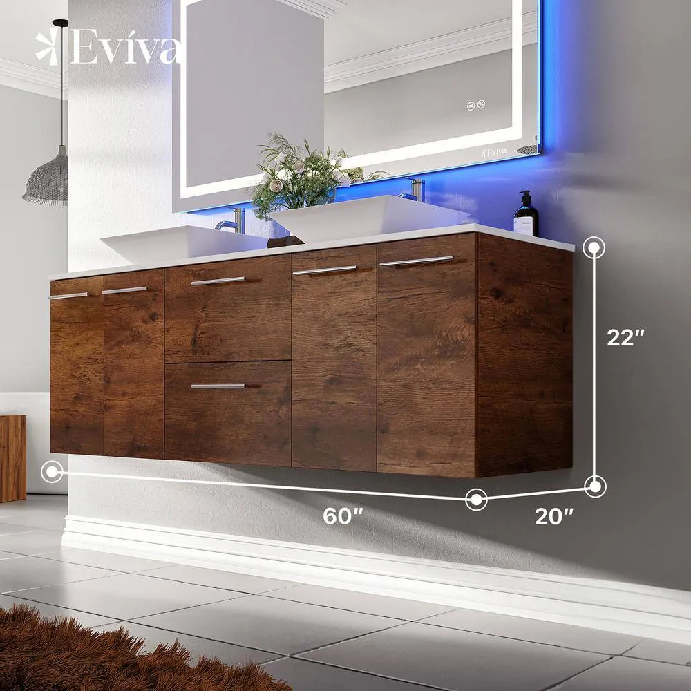Eviva Lux 60 in. W x 21 in. D x 26 in. H Floating Bath Vanity in Rosewood with White Tempered Glass Top, photo 3 of 3