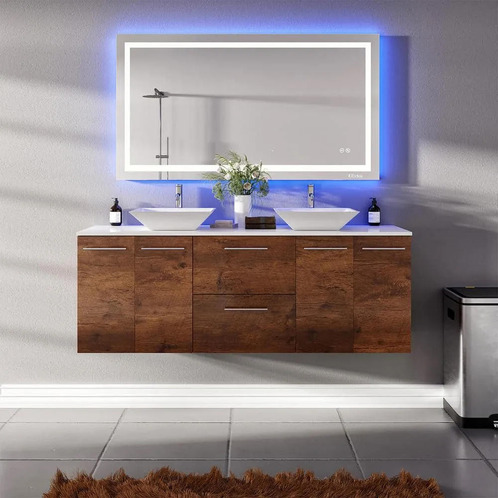 Eviva Lux 60 in. W x 21 in. D x 26 in. H Floating Bath Vanity in Rosewood with White Tempered Glass Top, photo 2 of 3