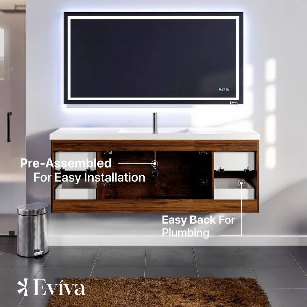 Eviva Axel 60 in. W x 22 in. D x 24 in. H Single Sink Floating Bath Vanity in Rosewood with White Acrylic Top, photo 3 of 3